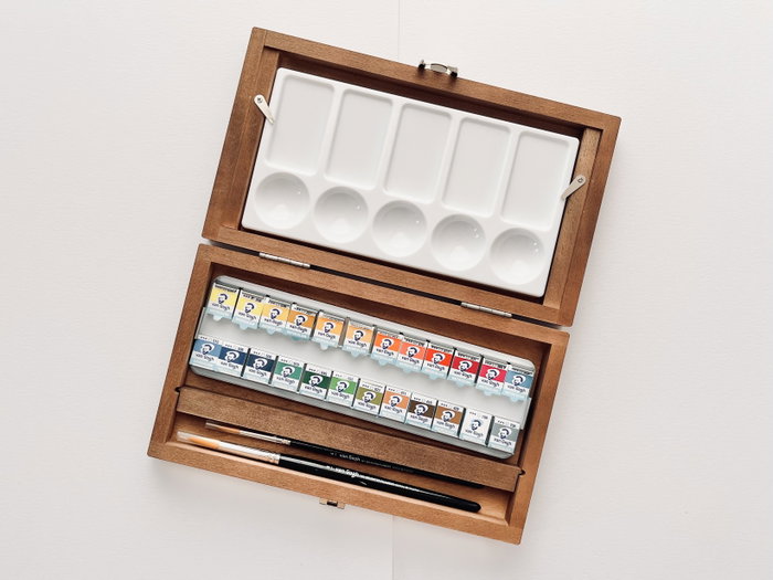 Van Gogh Set d'aquarelles en boîte en bois, 24 couleurs en demi-pastilles et 3 accessoires